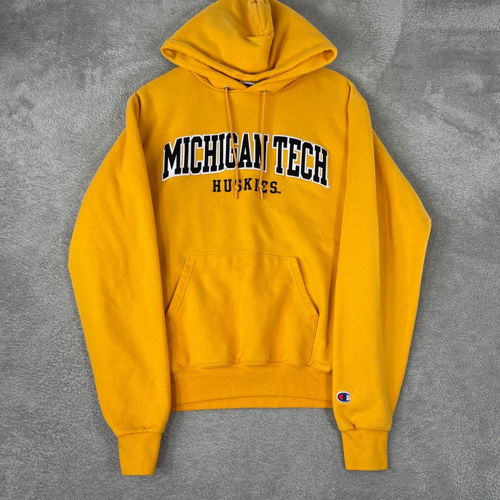Michigan Tech Huskies Hoodie Mens Small Yellow Champion Embroidered College